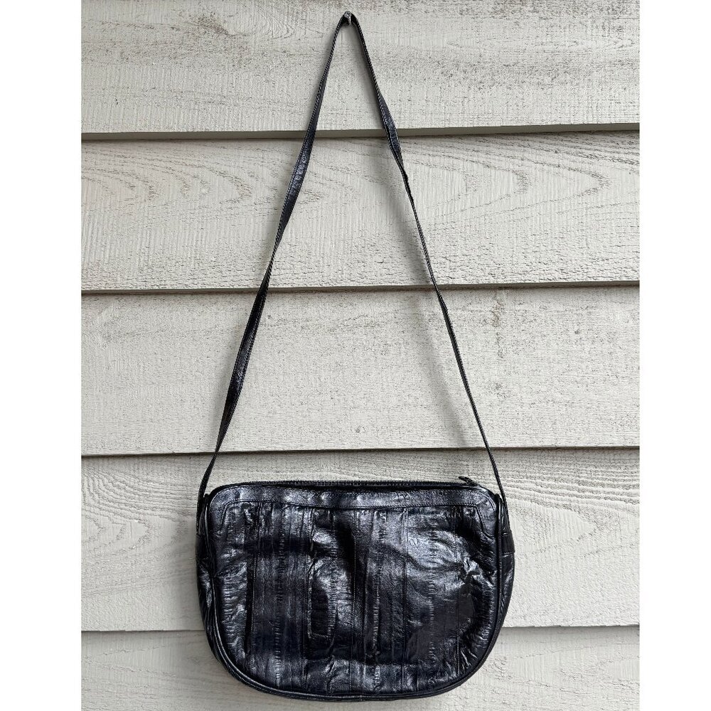 Vintage Genuine Eel Skin Leather Black Crossbody Bag Made in Korea